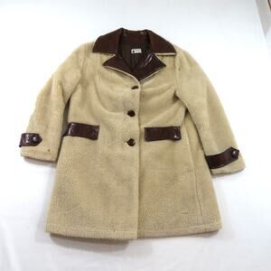 FingerHut Fashions Fleece Faux Leather Coat Long Jacket Sz 16 Beige Brown